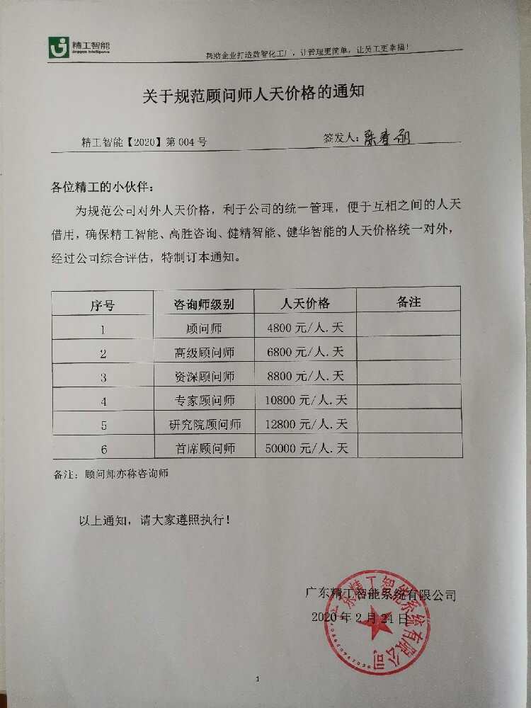 主要通告||关于精工智能调解“公司组织架构”和制订“统一对外人.天价钱”的通知